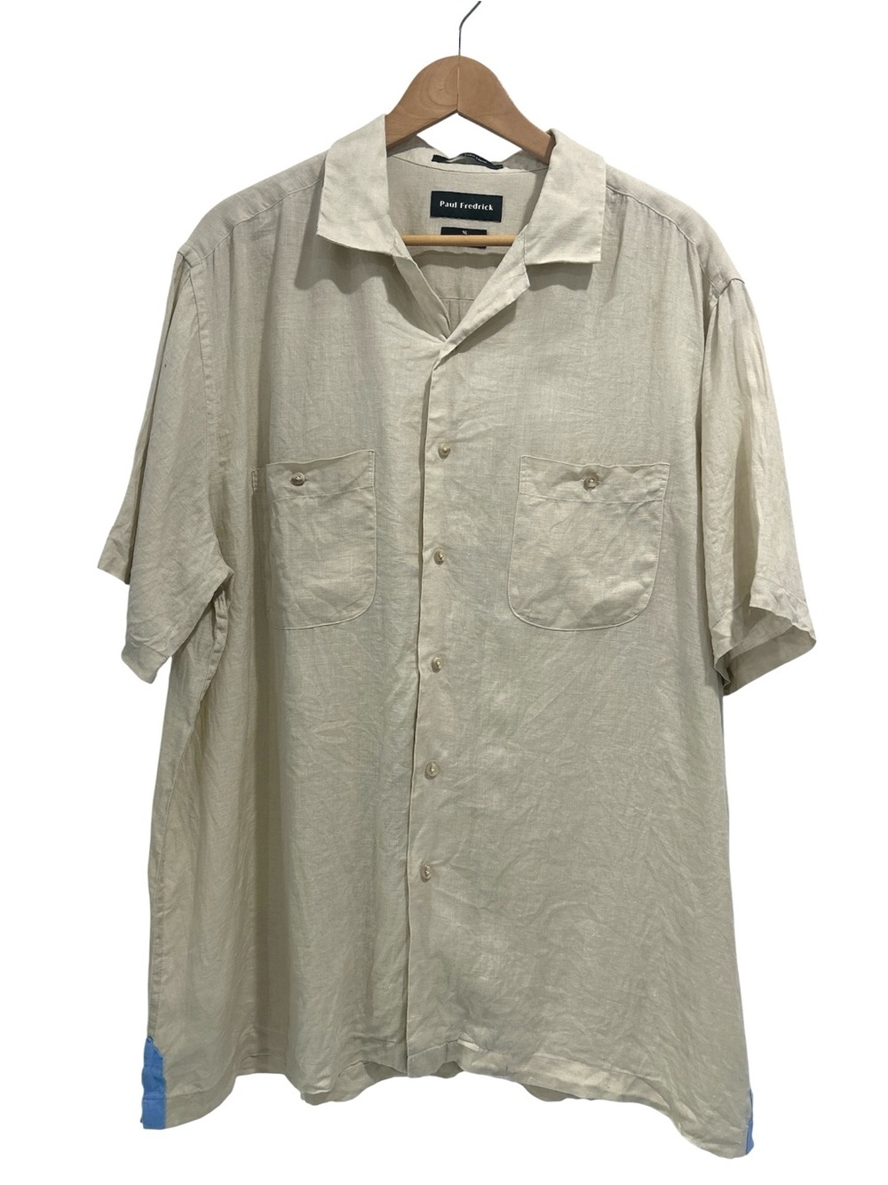 Paul Fredrick Finest Pure Linen Classic Fit Short Sleeve Tan Button Up Shirt XL